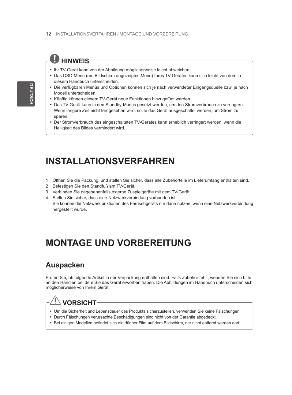 Installationsverfahren, Montage und vorbereitung, Auspacken | Hinweis, Vorsicht | LG 60PM670S User Manual | Page 44 / 102