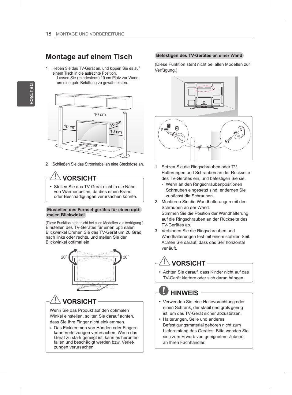 Montage auf einem tisch, Vorsicht, Hinweis | LG 60PM670S User Manual | Page 50 / 102