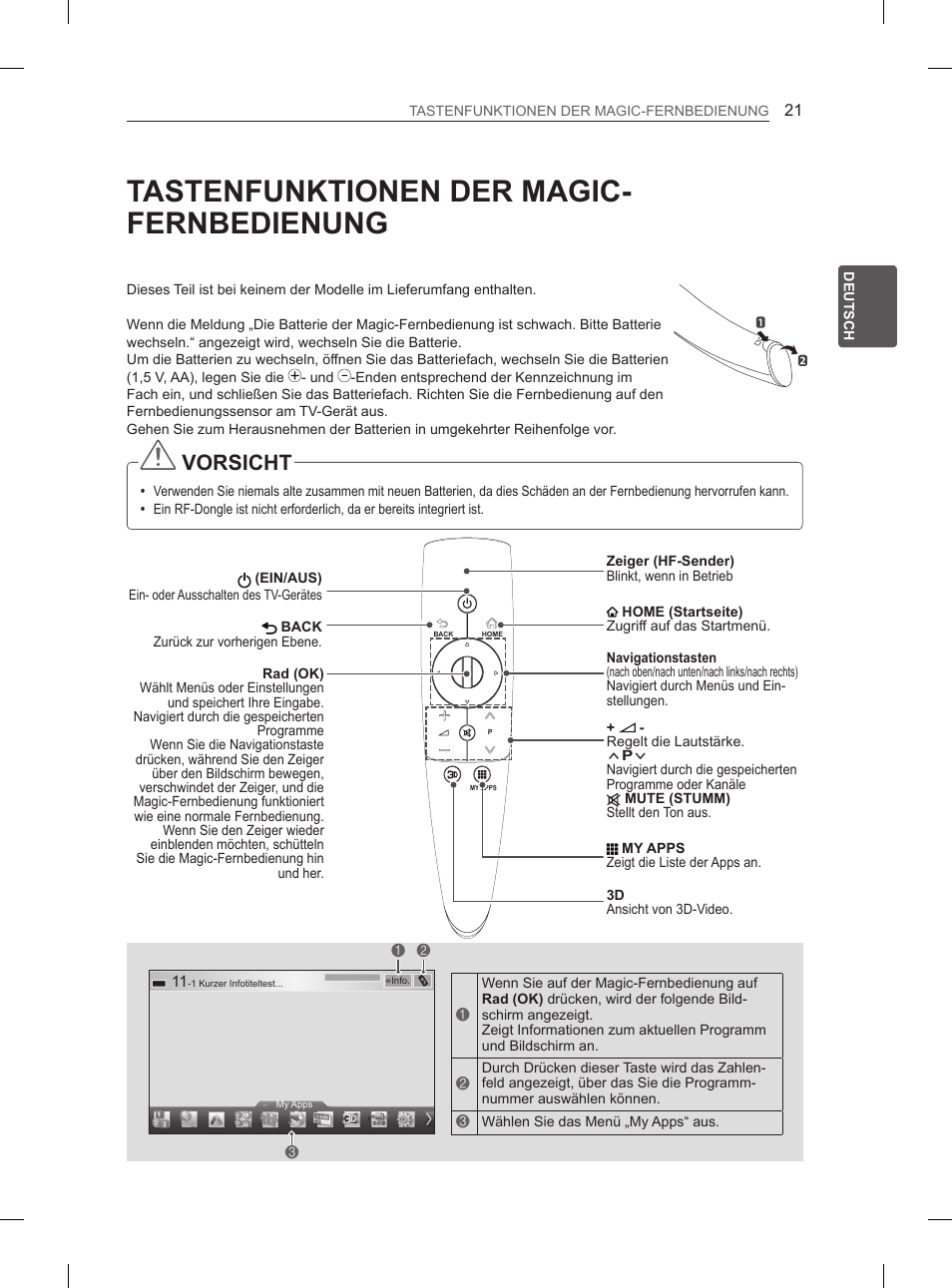 Tastenfunktionen der magic- fernbedienung, Vorsicht | LG 60PM670S User Manual | Page 53 / 102