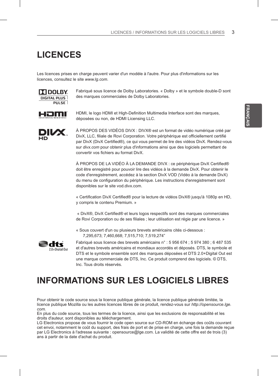Licences, Informations sur les logiciels libres | LG 60PM670S User Manual | Page 61 / 102