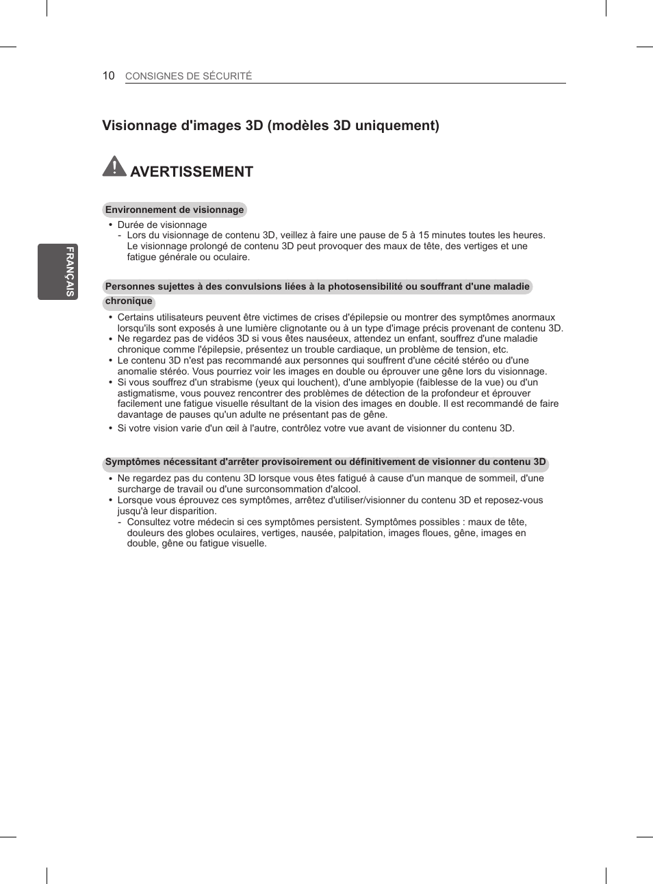 Avertissement, Visionnage d'images 3d (modèles 3d uniquement) | LG 60PM670S User Manual | Page 68 / 102