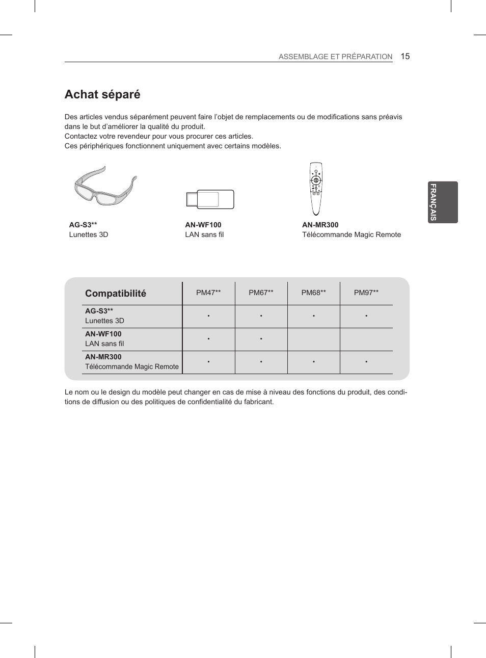 Achat séparé, Compatibilité | LG 60PM670S User Manual | Page 73 / 102