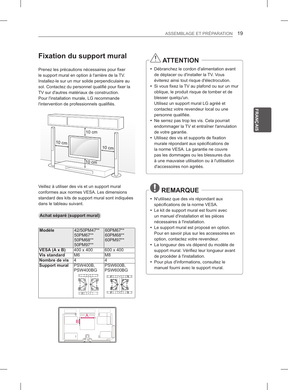 Fixation du support mural, Attention, Remarque | LG 60PM670S User Manual | Page 77 / 102