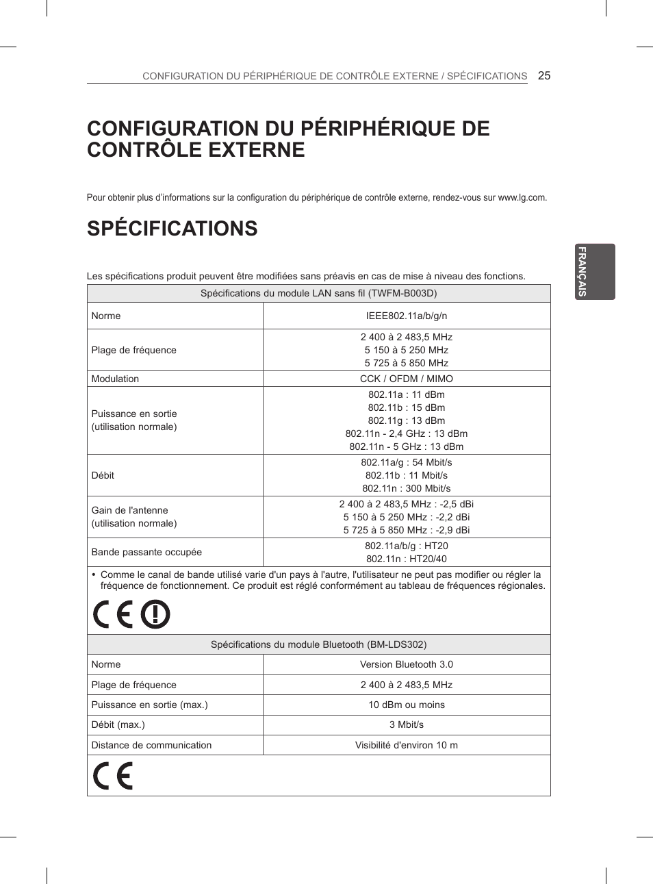 Configuration du périphérique de contrôle externe, Spécifications | LG 60PM670S User Manual | Page 83 / 102