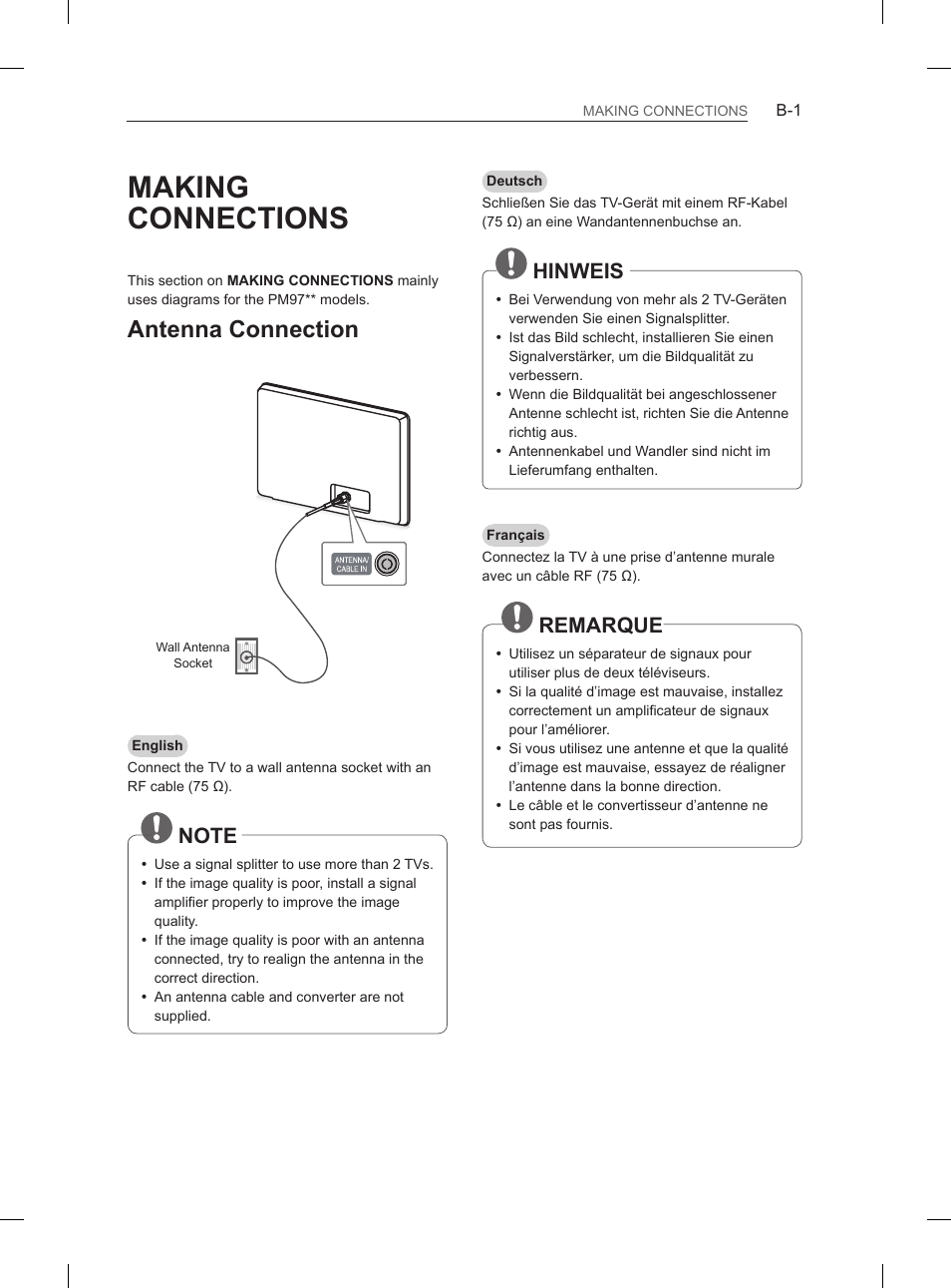 Making connections, Antenna connection, Hinweis | Remarque | LG 60PM670S User Manual | Page 85 / 102