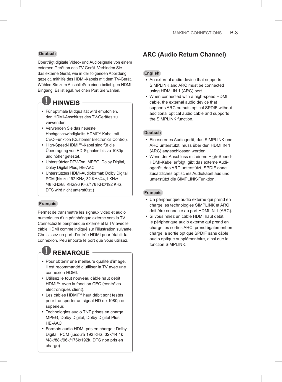 Hinweis, Remarque, Arc (audio return channel) | LG 60PM670S User Manual | Page 87 / 102