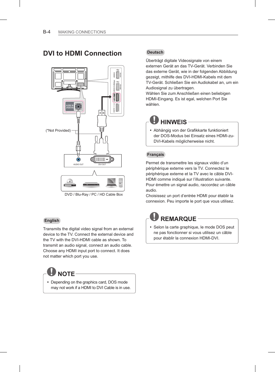 Dvi to hdmi connection, Hinweis, Remarque | Making connections | LG 60PM670S User Manual | Page 88 / 102