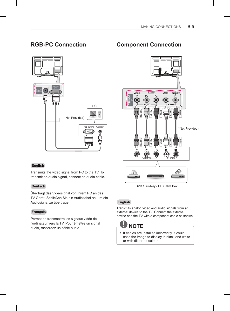 Rgb-pc connection, Component connection | LG 60PM670S User Manual | Page 89 / 102