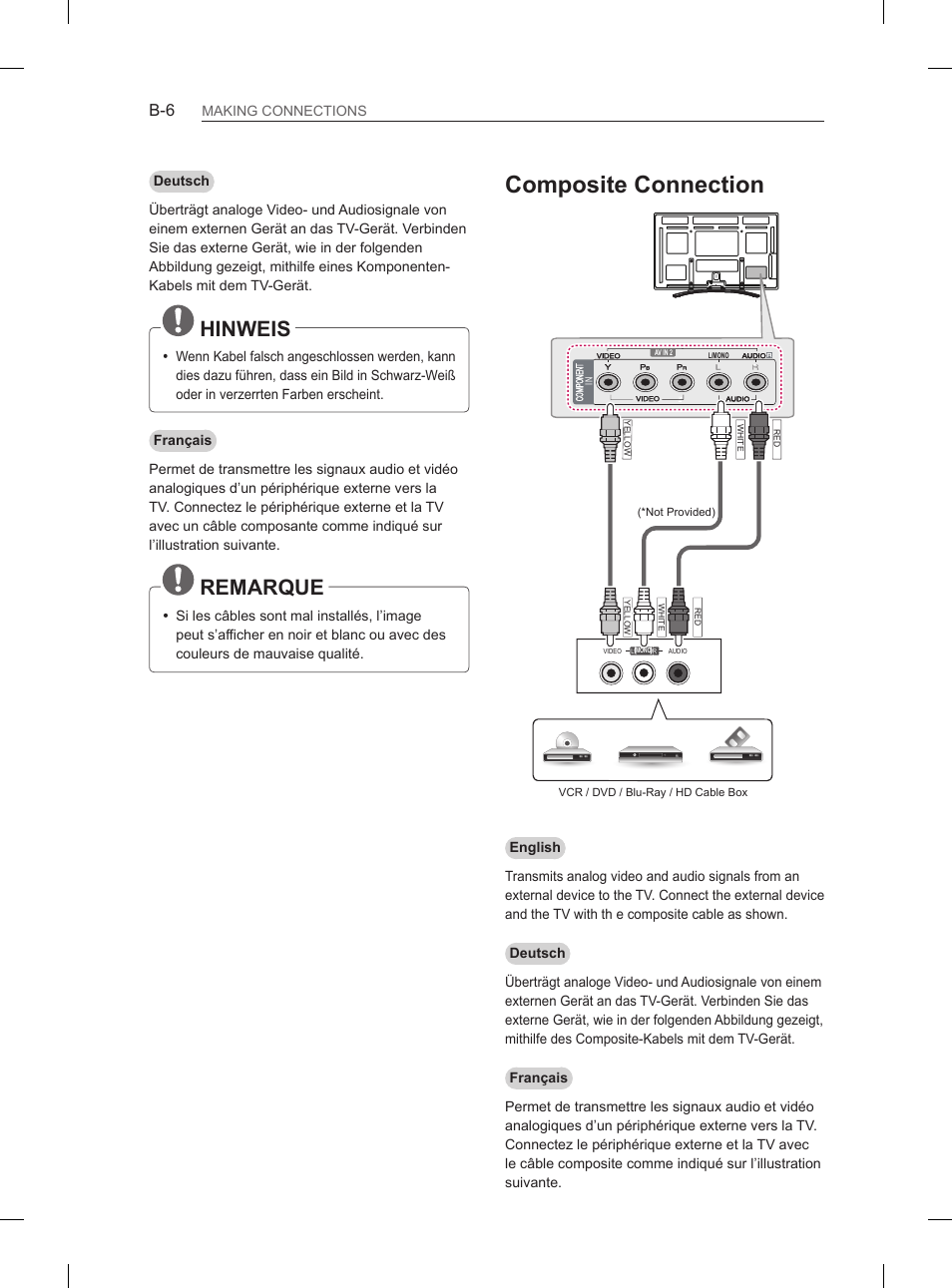 Composite connection, Hinweis, Remarque | LG 60PM670S User Manual | Page 90 / 102