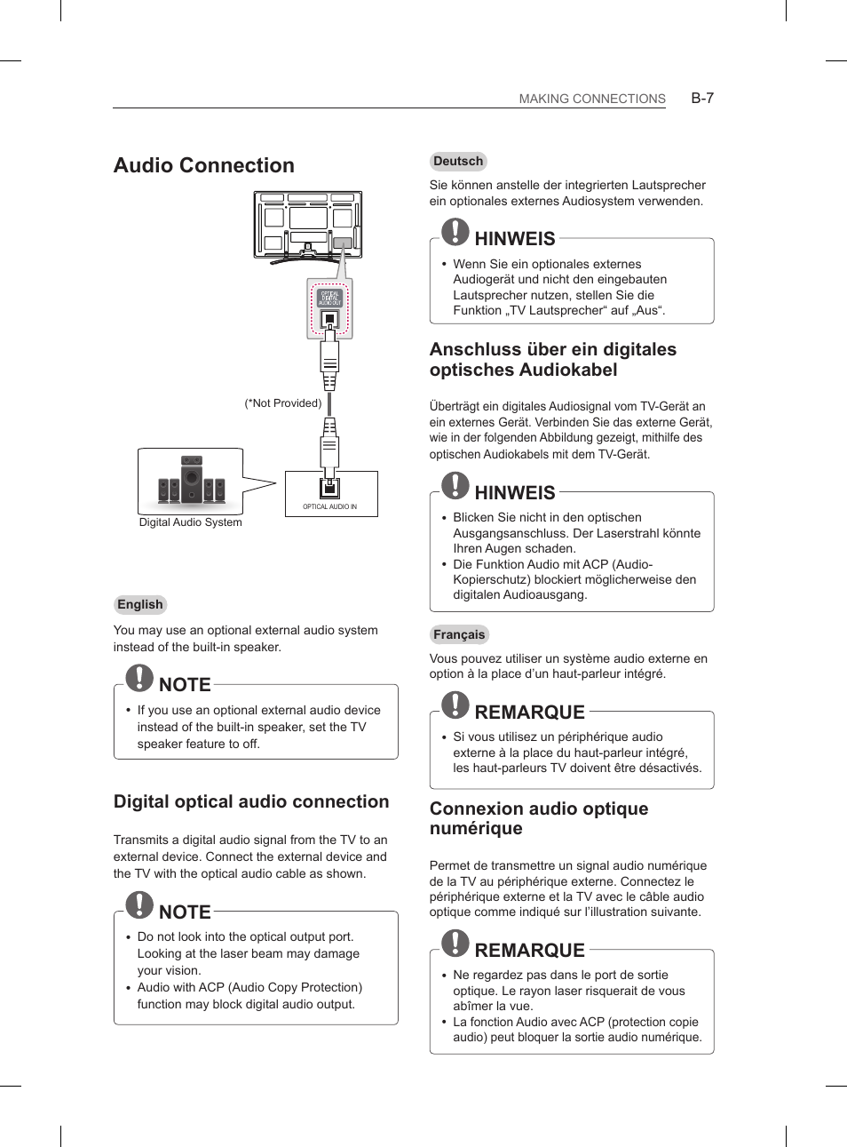 Audio connection, Hinweis, Remarque | Digital optical audio connection, Anschluss über ein digitales optisches audiokabel, Connexion audio optique numérique | LG 60PM670S User Manual | Page 91 / 102