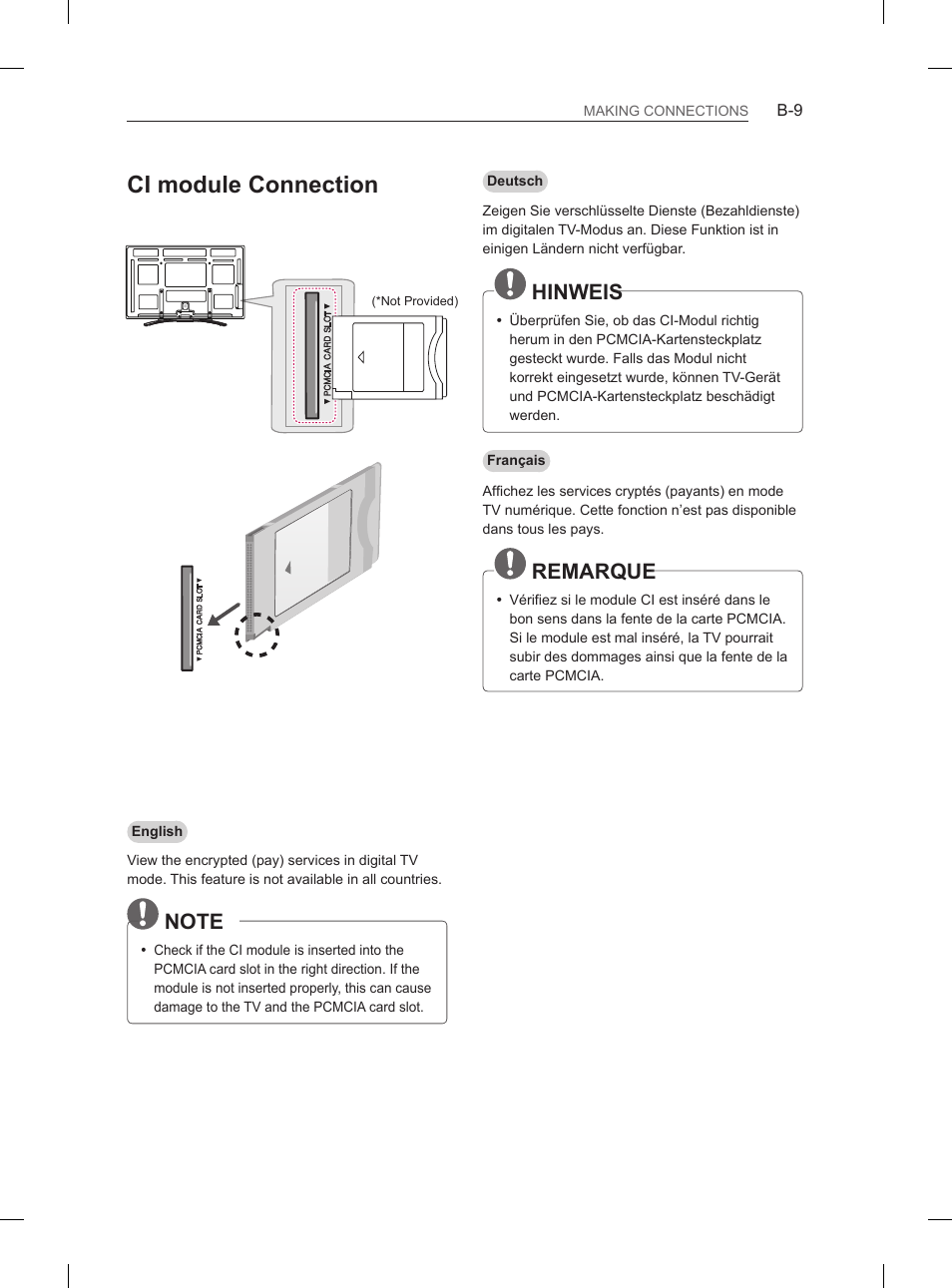 Ci module connection, Hinweis, Remarque | LG 60PM670S User Manual | Page 93 / 102