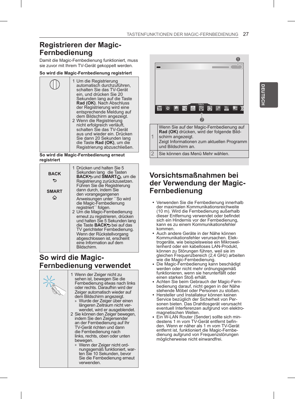 Registrieren der magic-fernbedienung, So wird die magic-fernbedienung verwendet, Vorsichtsmaßnahmen bei der verwendung | Der magic-fernbedienung, Registrieren der magic- fernbedienung, So wird die magic- fernbedienung verwendet | LG 55LA970V User Manual | Page 102 / 331