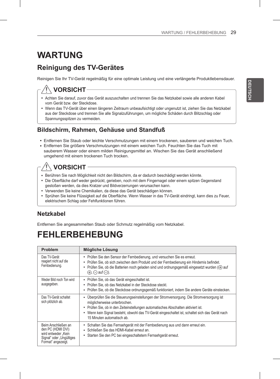 Wartung, Reinigung des tv-gerätes, Bildschirm, rahmen, gehäuse und standfuß | Netzkabel, 29 wartung, Bildschirm, rahmen, gehäuse und, Standfuß, 29 fehlerbehebung, Fehlerbehebung, Vorsicht | LG 55LA970V User Manual | Page 104 / 331