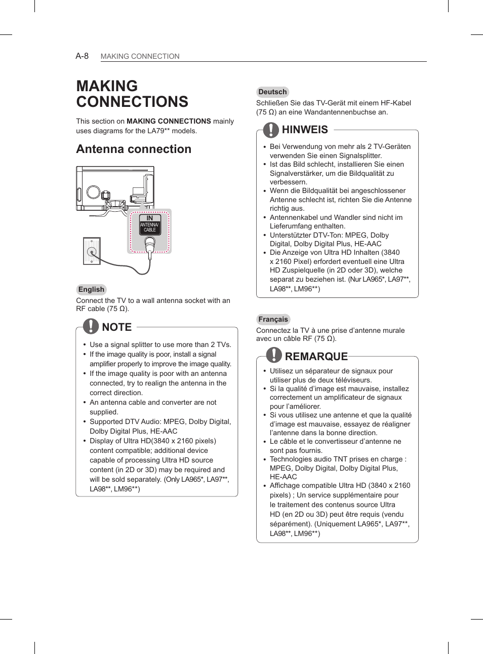 Making connections, Antenna connection, Hinweis | Remarque | LG 55LA970V User Manual | Page 11 / 331