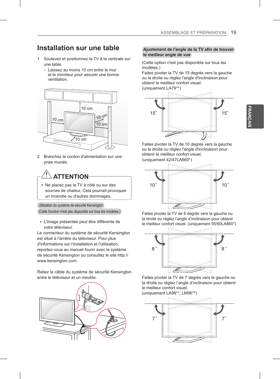 Installation sur une table, Attention | LG 55LA970V User Manual | Page 124 / 331