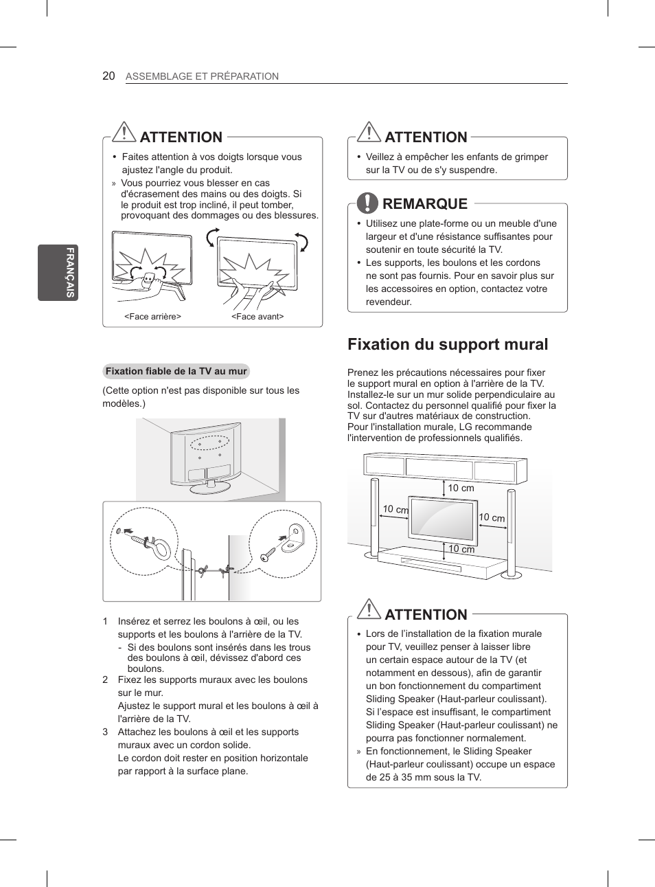 Fixation du support mural, Utilisation du haut-parleur coulissant, Utilisation de la caméra intégrée | Nom des pièces de la caméra intégrée, Attention, Remarque | LG 55LA970V User Manual | Page 125 / 331