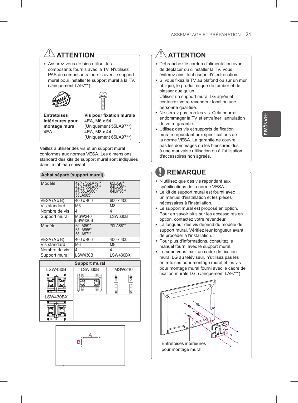 Attention, Remarque | LG 55LA970V User Manual | Page 126 / 331