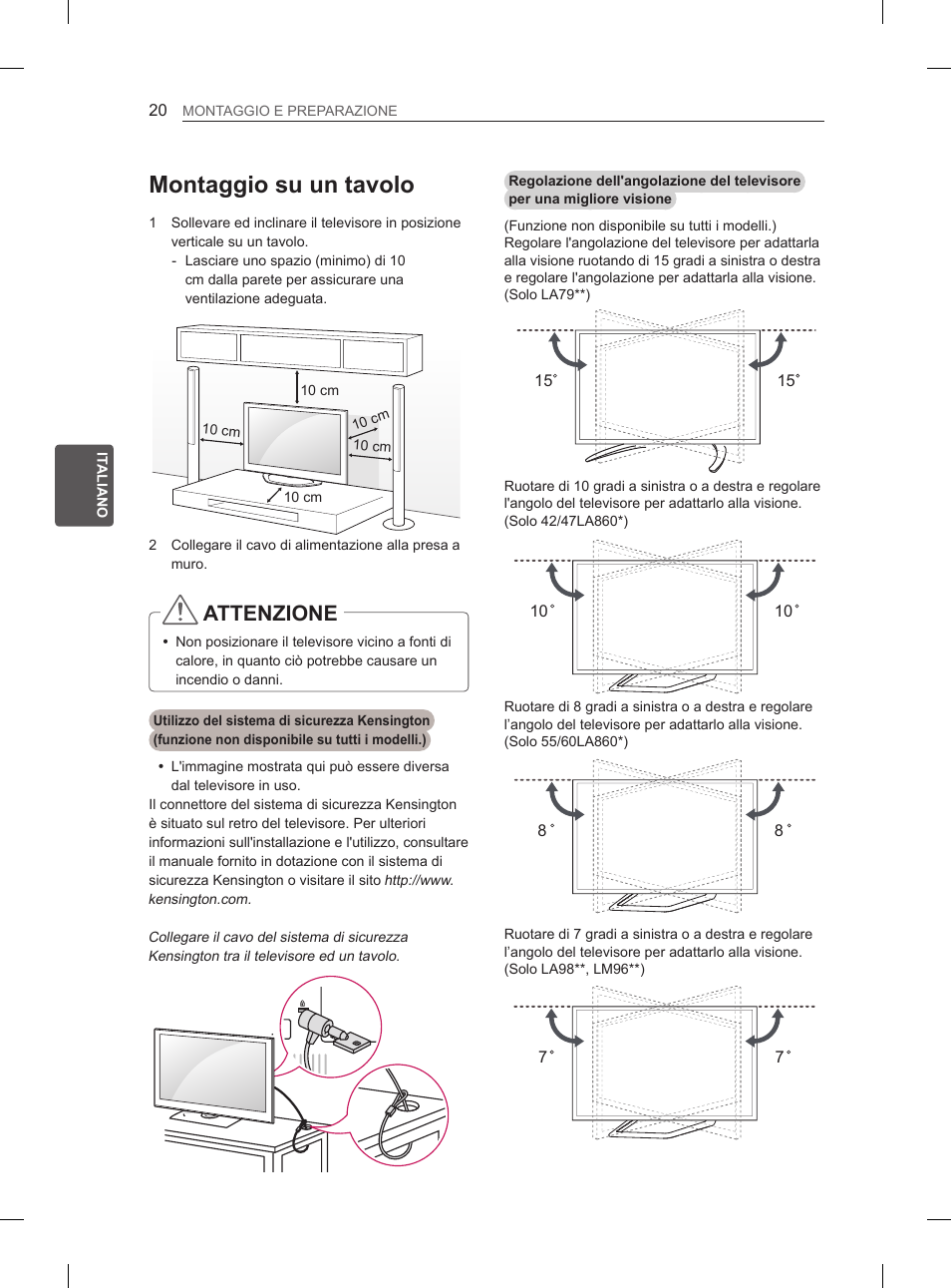 Montaggio su un tavolo, Attenzione | LG 55LA970V User Manual | Page 155 / 331