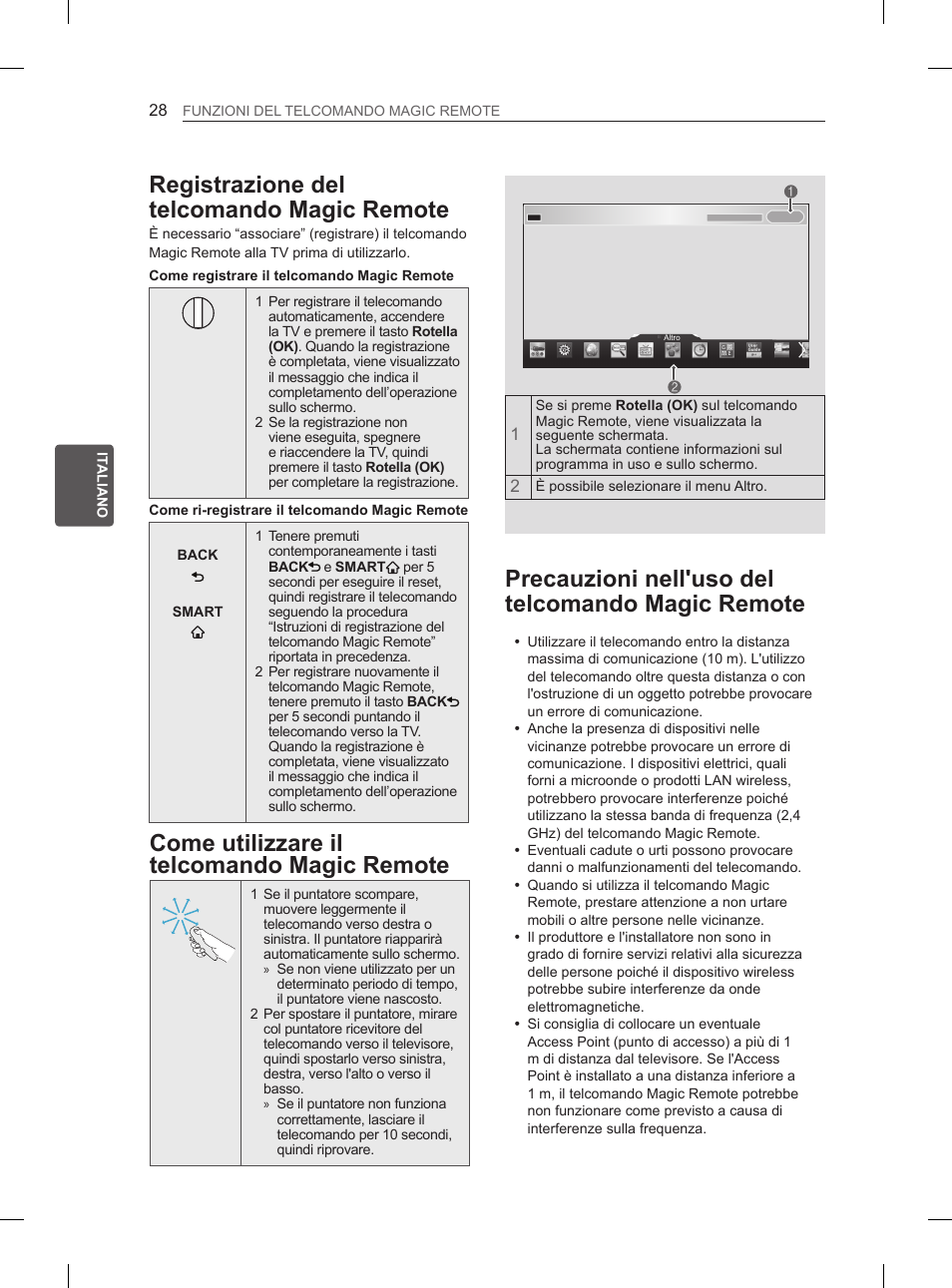 Registrazione del telcomando magic remote, Come utilizzare il telcomando magic remote, Precauzioni nell'uso del telcomando magic remote | Registrazione del telcomando magic, Remote, Precauzioni nell'uso del telcomando magic | LG 55LA970V User Manual | Page 163 / 331