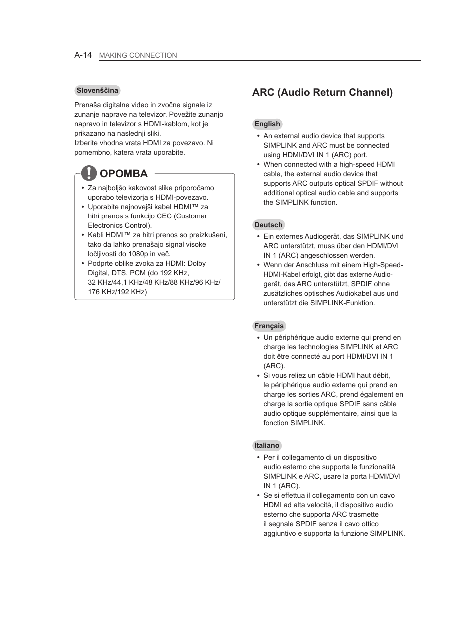 Opomba, Arc (audio return channel) | LG 55LA970V User Manual | Page 17 / 331