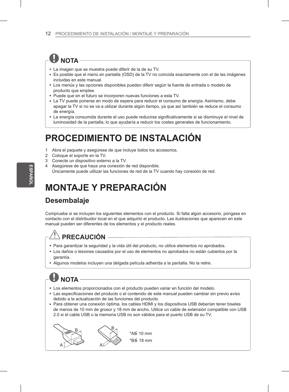 Procedimiento de instalación, Montaje y preparación, Desembalaje | 12 procedimiento de instalación, 12 montaje y preparación, Nota, Precaución | LG 55LA970V User Manual | Page 183 / 331