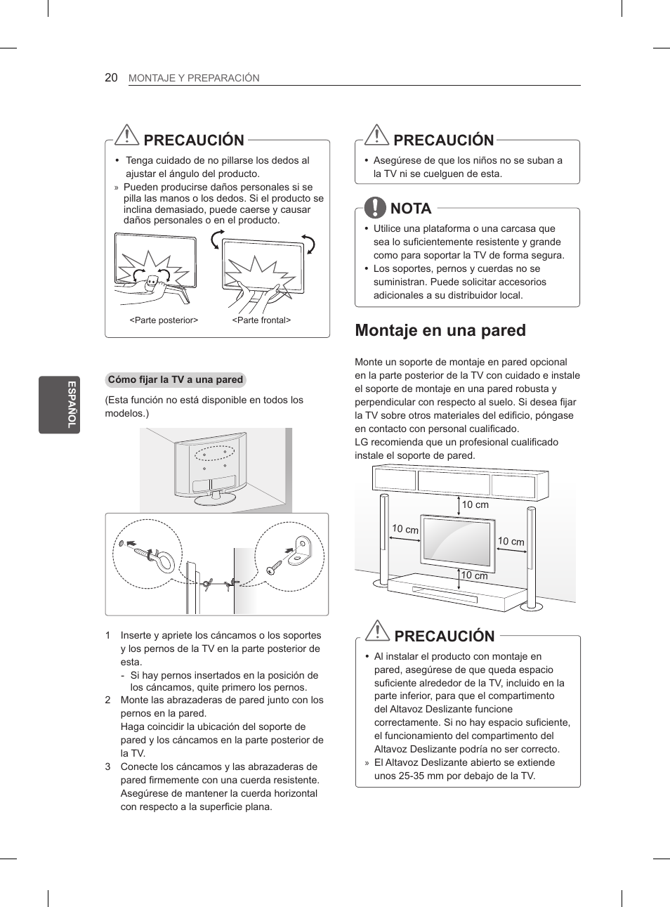 Montaje en una pared, Precaución, Nota | LG 55LA970V User Manual | Page 191 / 331