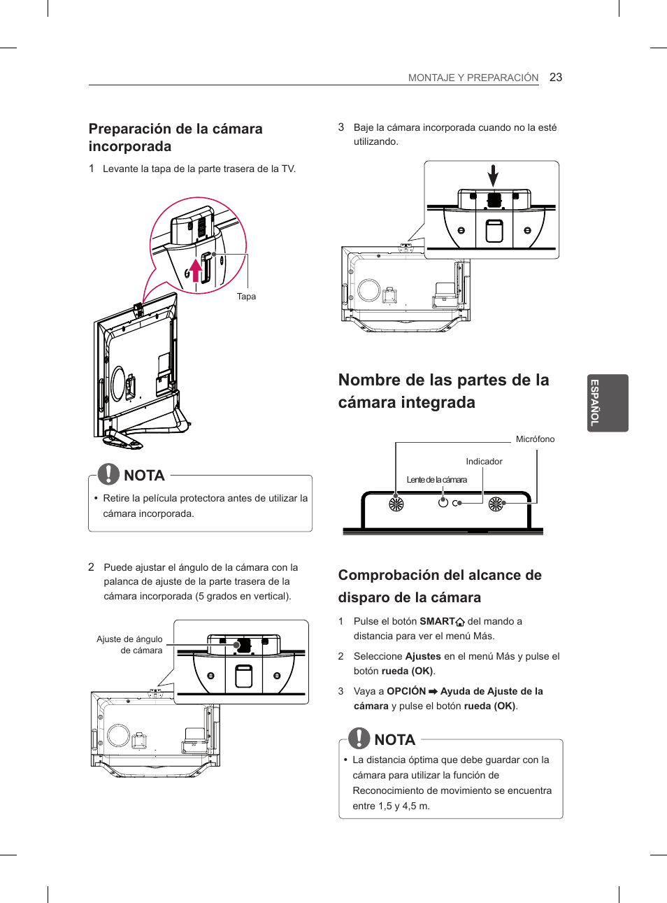 Nombre de las partes de la cámara integrada, Nota, Preparación de la cámara incorporada | Comprobación del alcance de disparo de la cámara | LG 55LA970V User Manual | Page 194 / 331