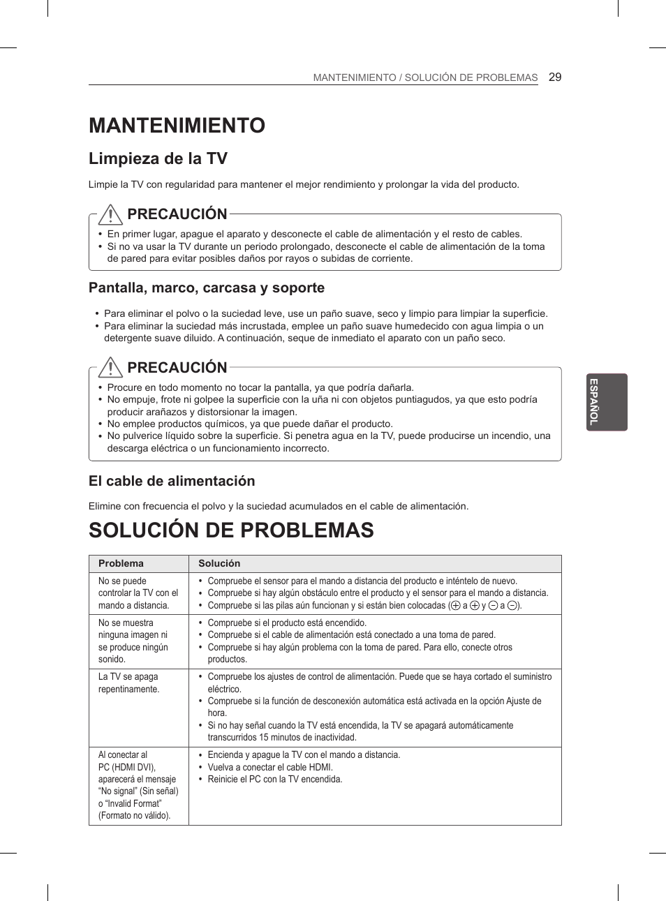 Mantenimiento, Limpieza de la tv, Pantalla, marco, carcasa y soporte | El cable de alimentación, Solución de problemas, 29 mantenimiento, 29 solución de problemas, Precaución | LG 55LA970V User Manual | Page 200 / 331