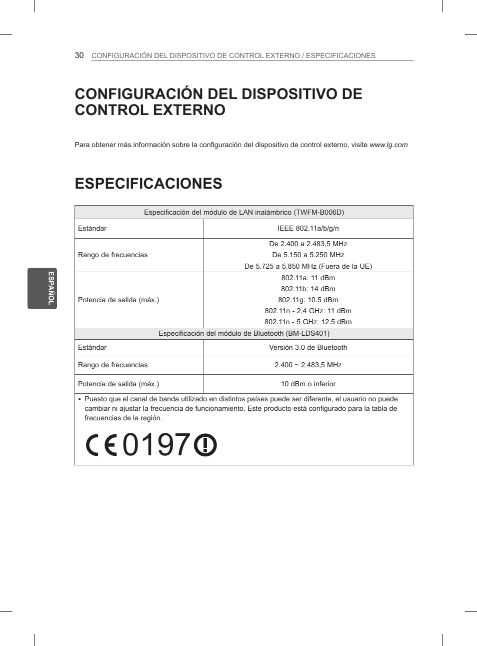 Configuración del dispositivo de control externo, Especificaciones, 30 configuración del dispositivo | De control externo, 30 especificaciones | LG 55LA970V User Manual | Page 201 / 331