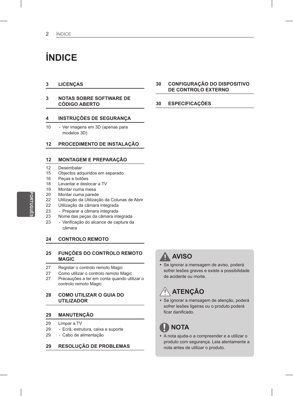 Índice, Aviso, Atenção | Nota | LG 55LA970V User Manual | Page 203 / 331