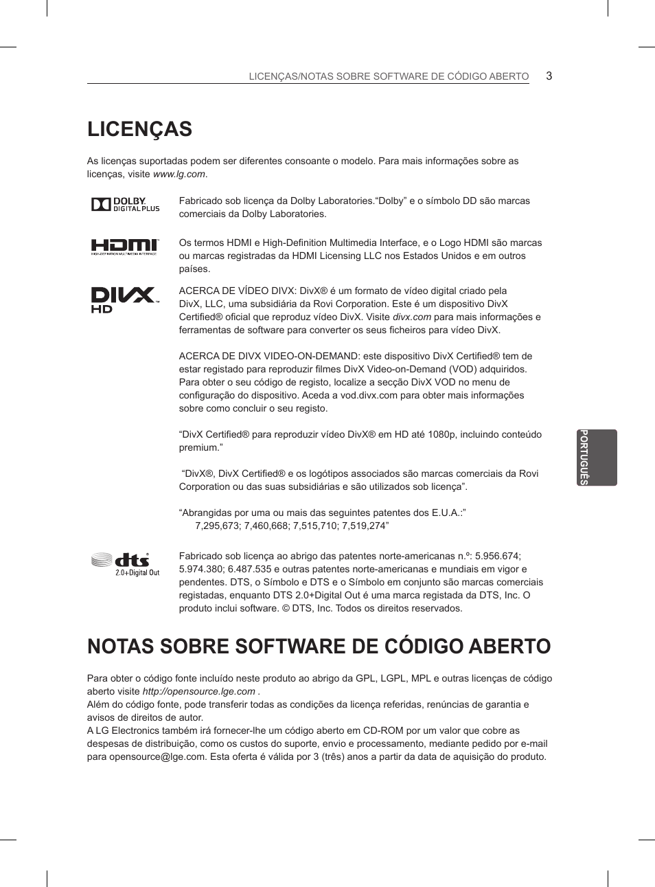 Licenças, Notas sobre software de código aberto, Notas sobre software de | Código aberto | LG 55LA970V User Manual | Page 204 / 331