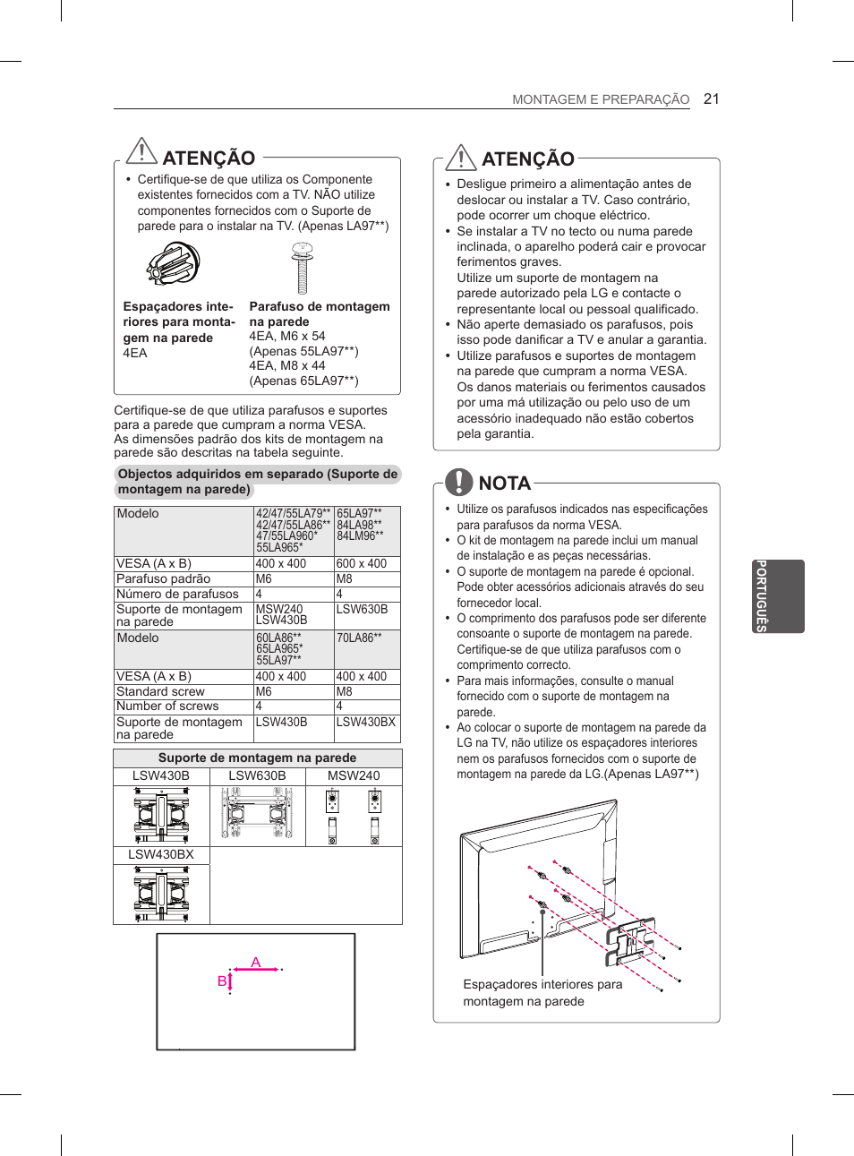 Atenção, Nota | LG 55LA970V User Manual | Page 222 / 331