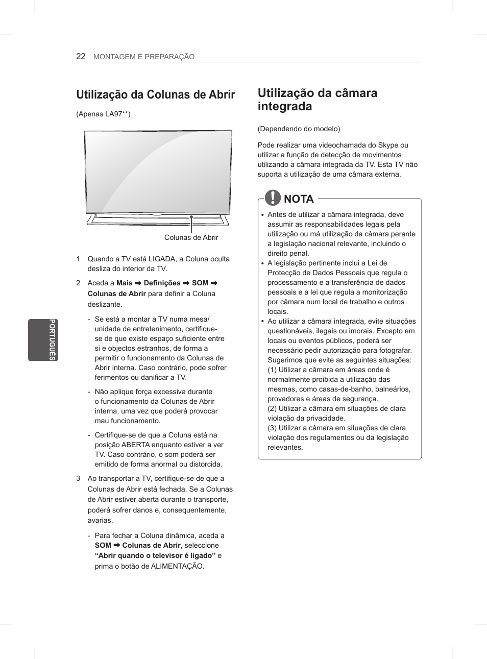 Utilização da câmara integrada, Utilização da colunas de abrir, Nota | LG 55LA970V User Manual | Page 223 / 331