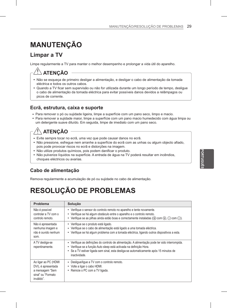 Manutenção, Limpar a tv, Ecrã, estrutura, caixa e suporte | Cabo de alimentação, Resolução de problemas, 29 manutenção, 29 resolução de problemas, Atenção | LG 55LA970V User Manual | Page 230 / 331