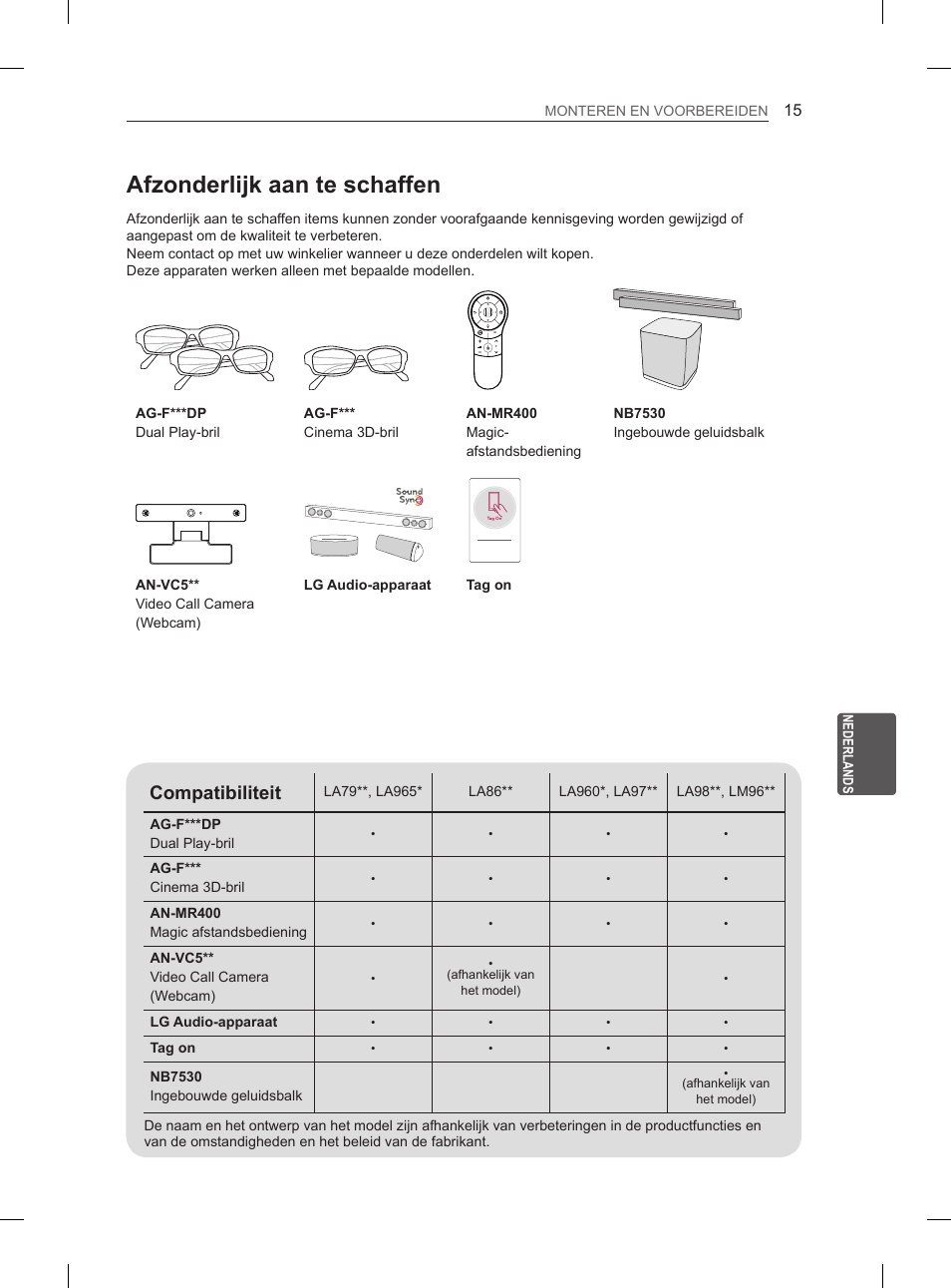 Afzonderlijk aan te schaffen, Compatibiliteit | LG 55LA970V User Manual | Page 246 / 331