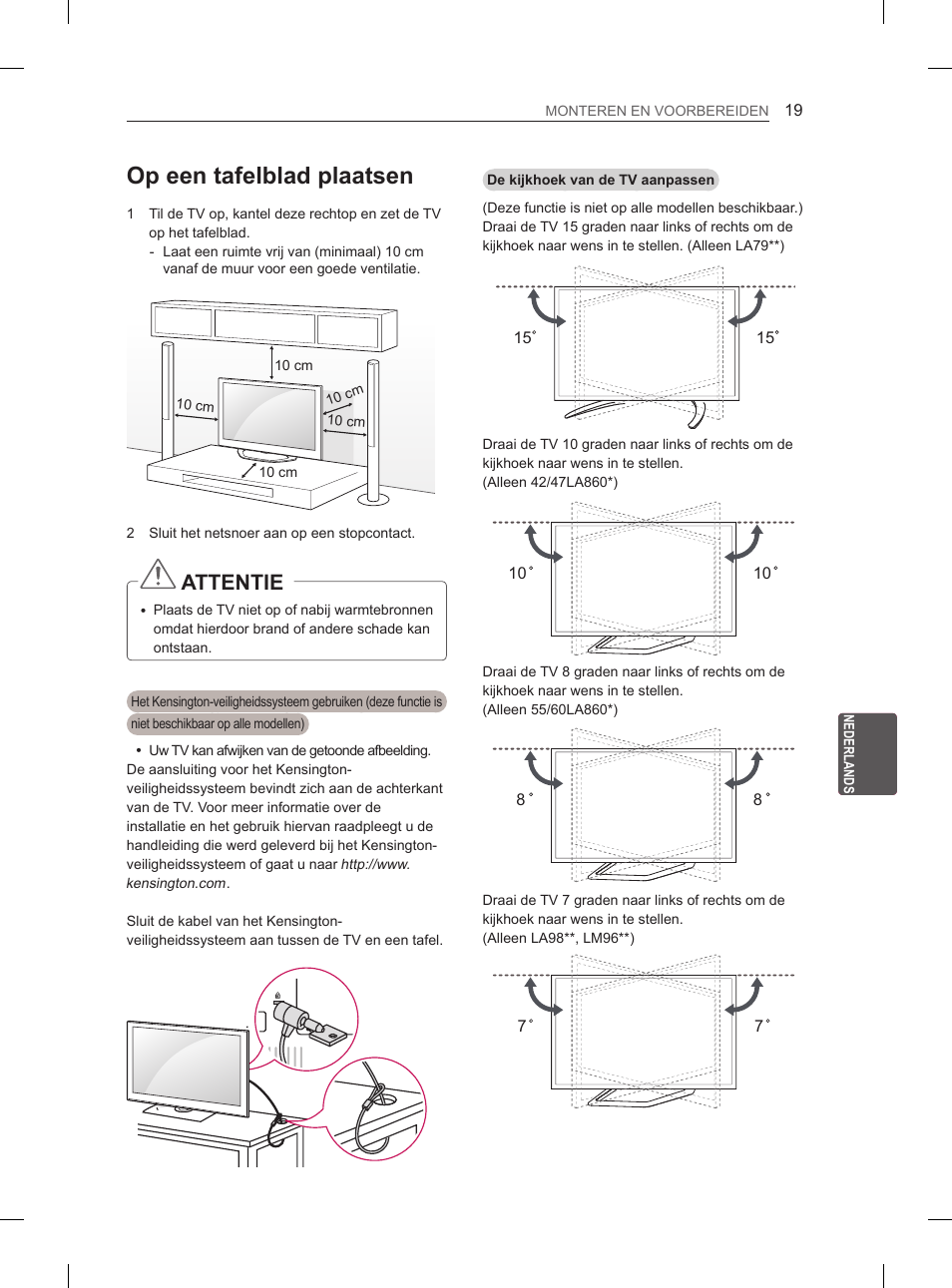 Op een tafelblad plaatsen, Attentie | LG 55LA970V User Manual | Page 250 / 331