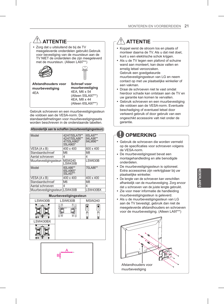 Attentie, Opmerking | LG 55LA970V User Manual | Page 252 / 331