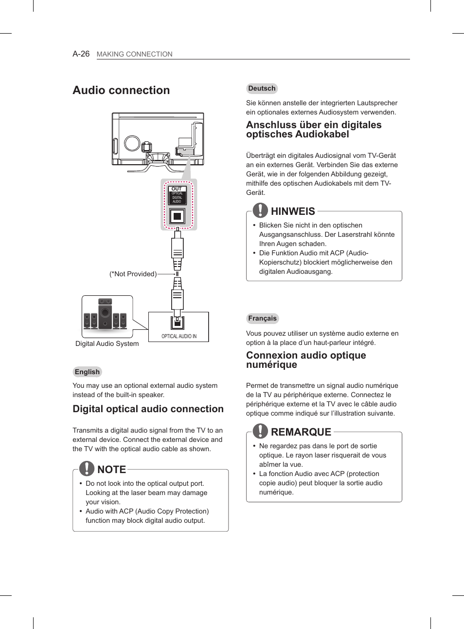 Audio connection, Hinweis, Remarque | Digital optical audio connection, Anschluss über ein digitales optisches audiokabel, Connexion audio optique numérique | LG 55LA970V User Manual | Page 29 / 331