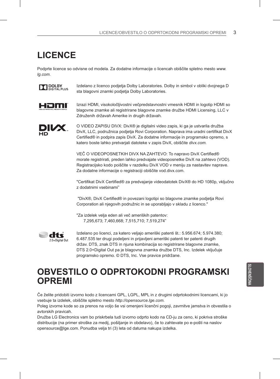 Licence, Obvestilo o odprtokodni programski opremi, Obvestilo o odprtokodni | Programski opremi | LG 55LA970V User Manual | Page 294 / 331