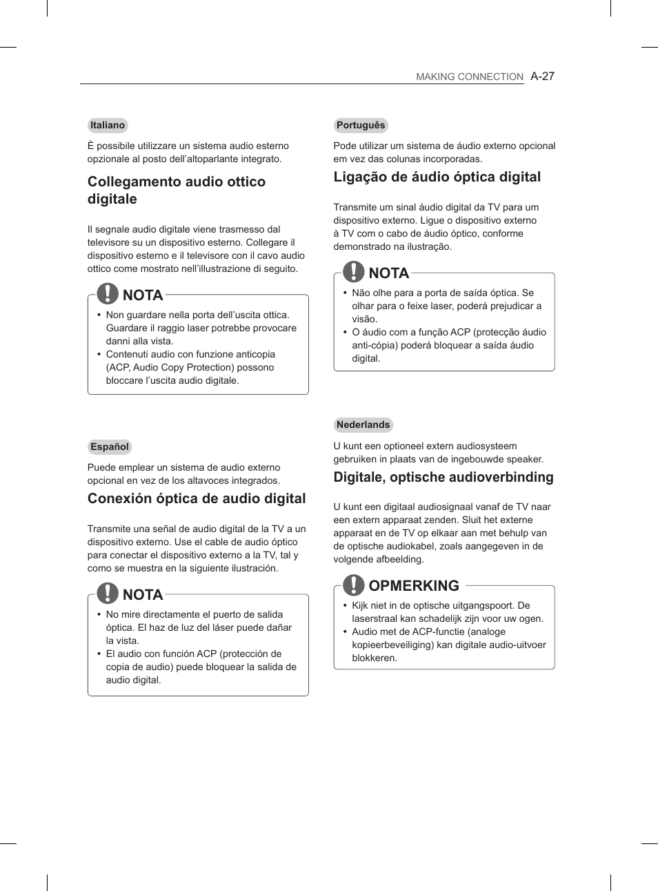 Nota, Opmerking, Collegamento audio ottico digitale | Conexión óptica de audio digital, Ligação de áudio óptica digital, Digitale, optische audioverbinding | LG 55LA970V User Manual | Page 30 / 331