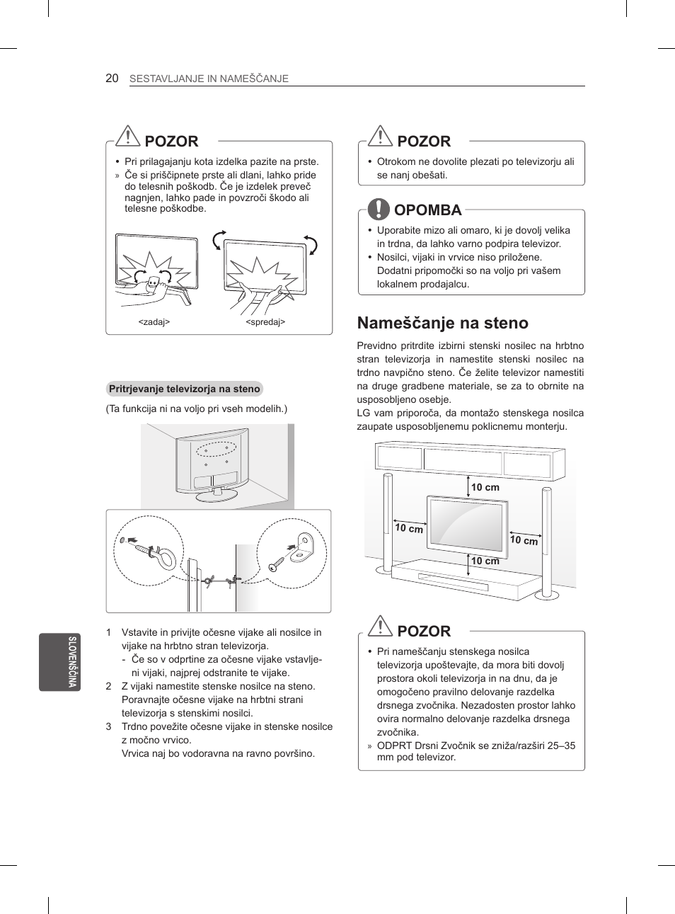 Nameščanje na steno, Pozor, Opomba | LG 55LA970V User Manual | Page 311 / 331