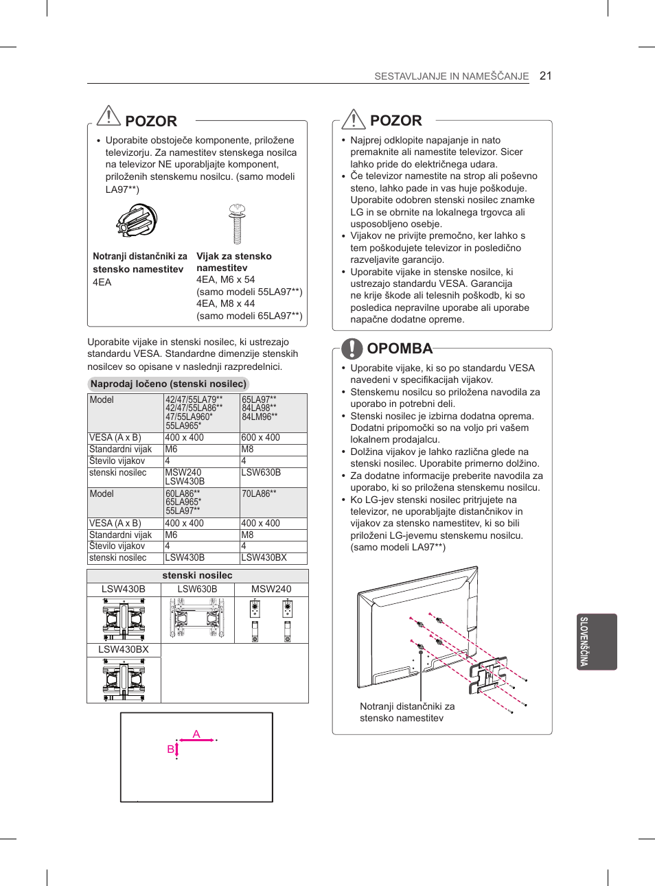 Pozor, Opomba | LG 55LA970V User Manual | Page 312 / 331