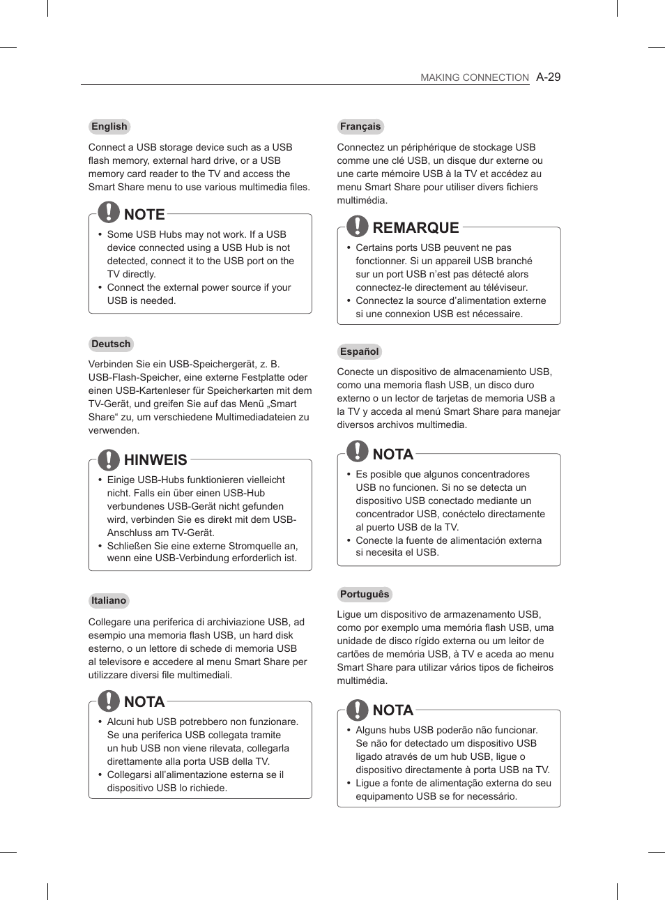 Remarque, Hinweis, Nota | LG 55LA970V User Manual | Page 32 / 331