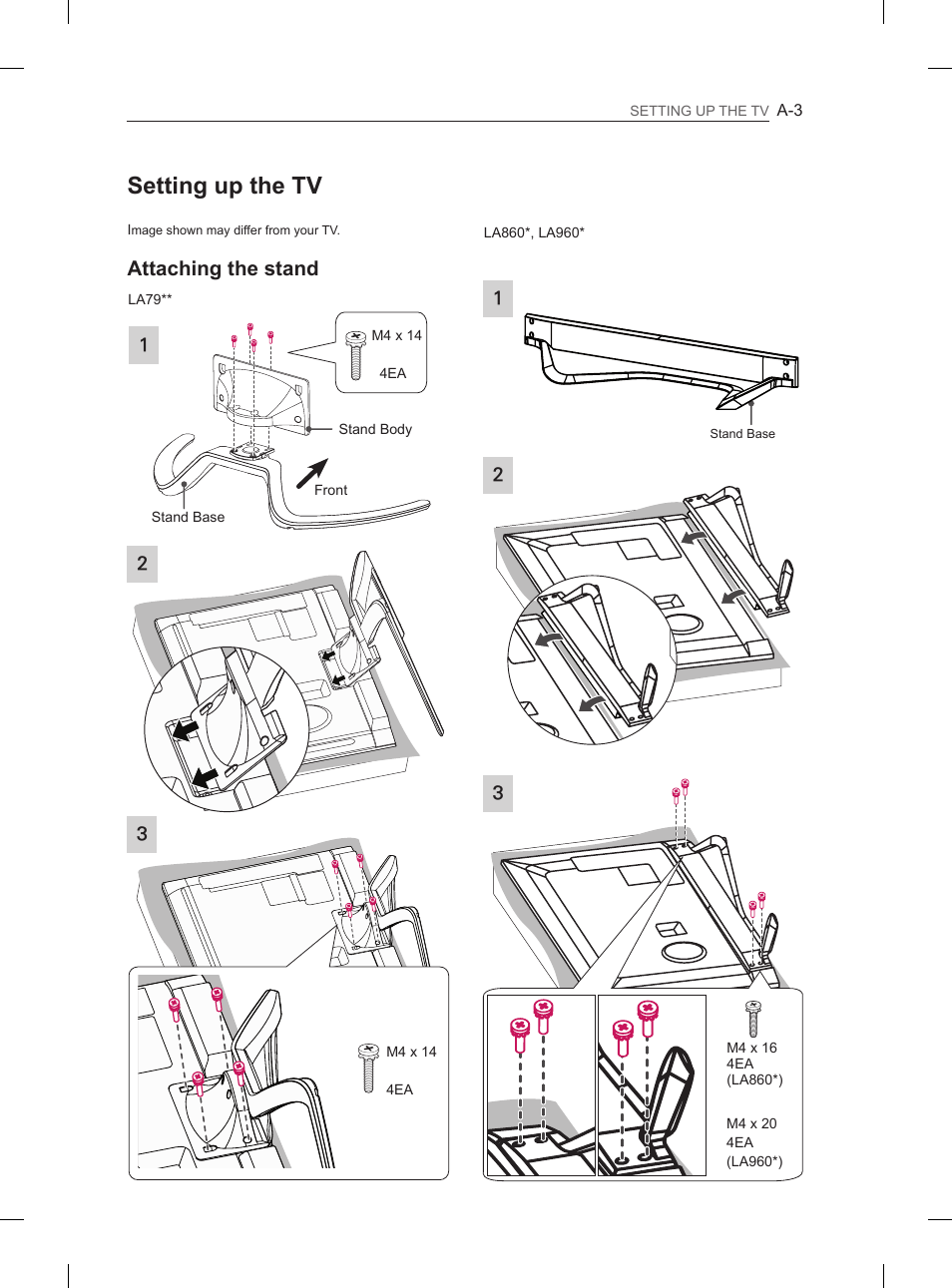 Setting up the tv, Attaching the stand | LG 55LA970V User Manual | Page 6 / 331