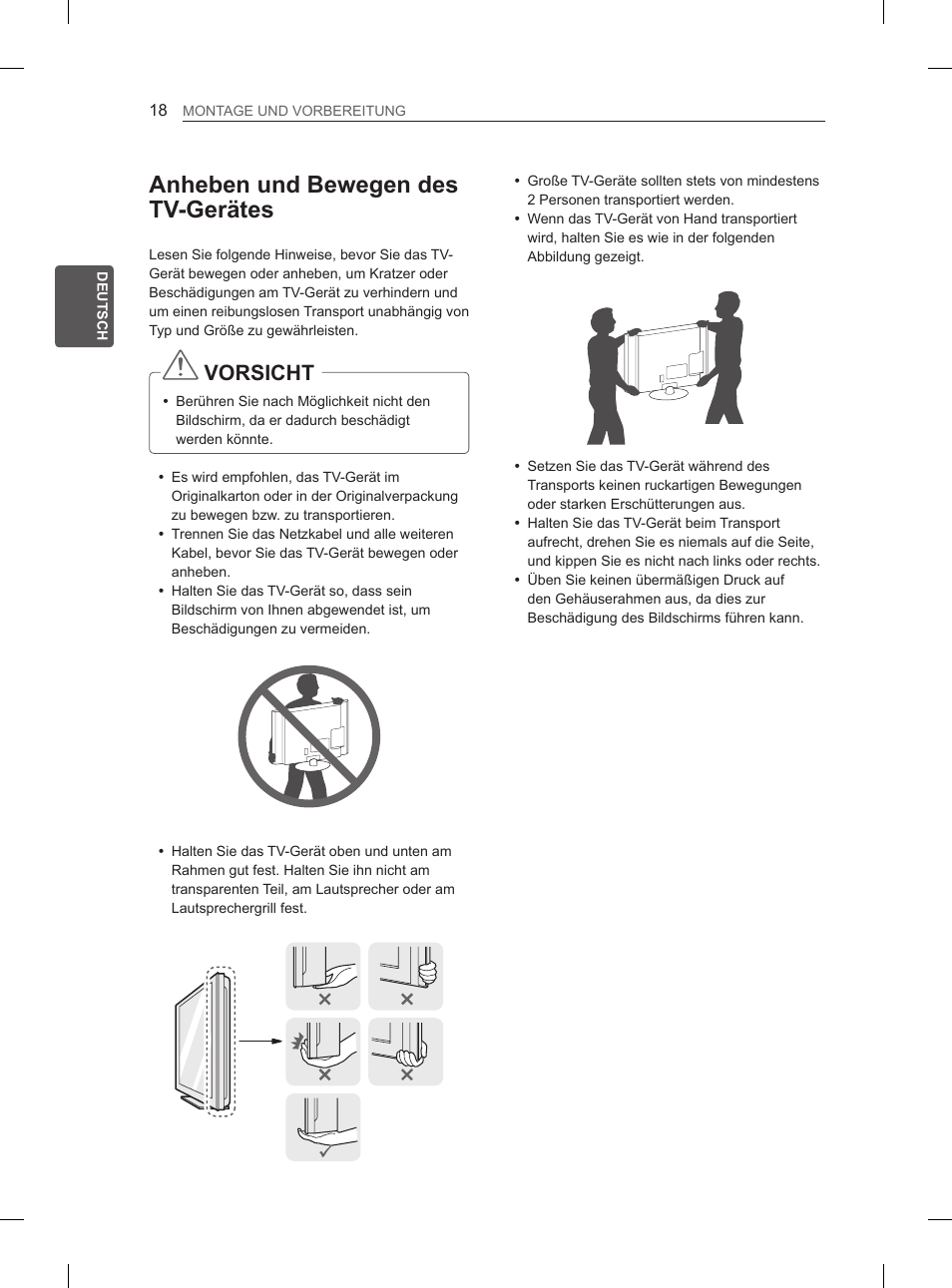 Anheben und bewegen des tv-gerätes, Vorsicht | LG 55LA970V User Manual | Page 93 / 331