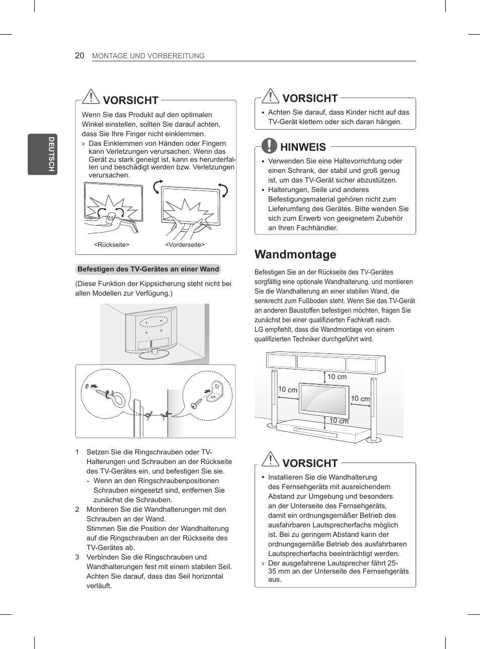 Wandmontage, Bezeichnungen der, Vorsicht | Hinweis | LG 55LA970V User Manual | Page 95 / 331