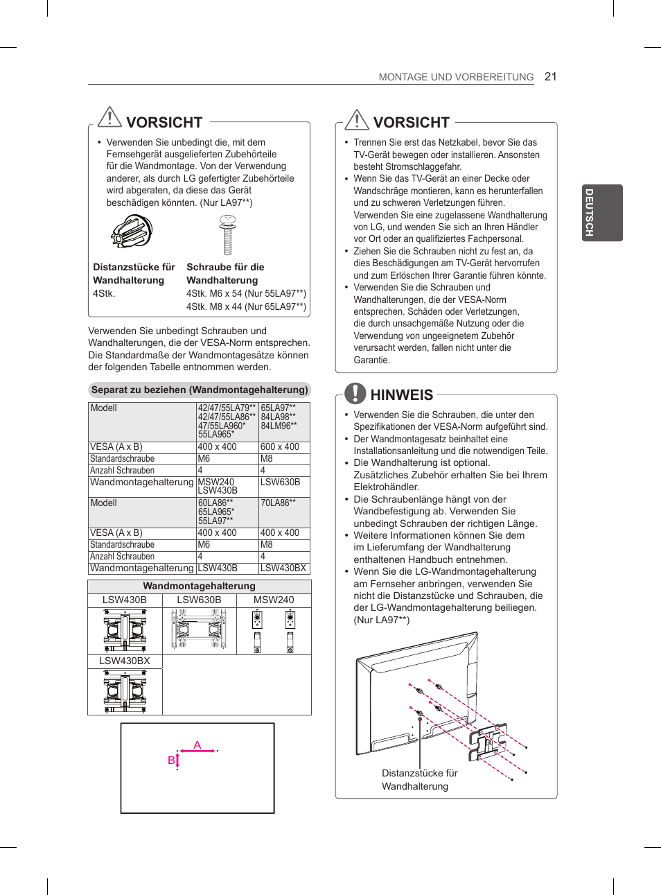 Vorsicht, Hinweis | LG 55LA970V User Manual | Page 96 / 331