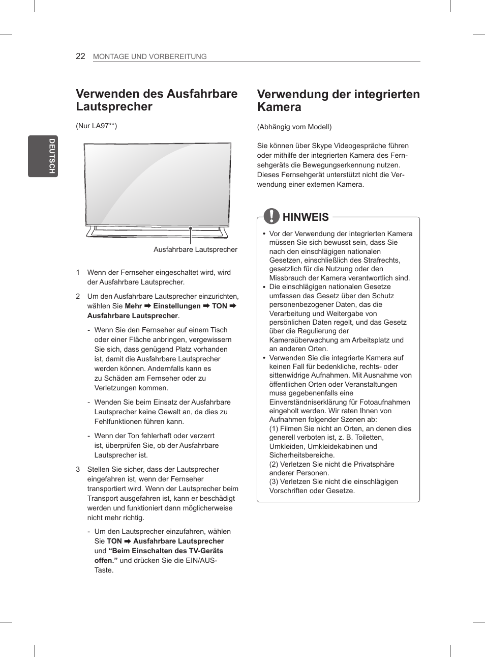 Verwendung der integrierten kamera, Verwenden des ausfahrbare lautsprecher, Hinweis | LG 55LA970V User Manual | Page 97 / 331