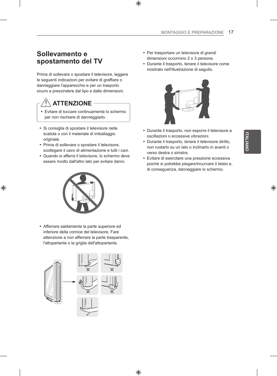 Sollevamento e spostamento del tv, Attenzione | LG 60LA620S User Manual | Page 116 / 331