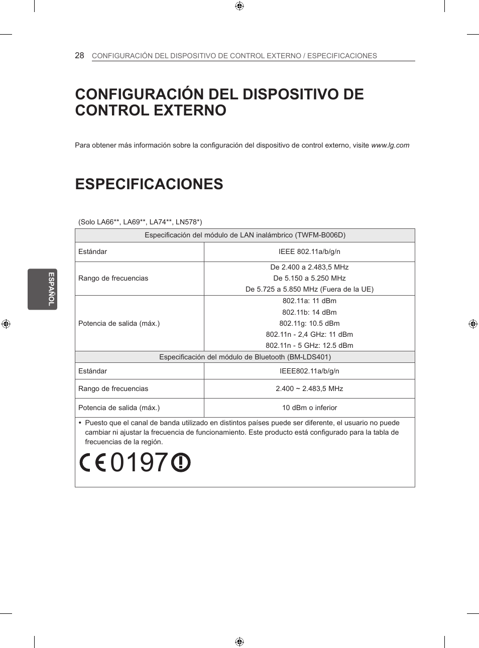 Especificaciones, Configuración del dispositivo de control externo | LG 60LA620S User Manual | Page 165 / 331